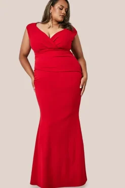Bardot Pleated Maxi Dress - Red by Goddiva Plus