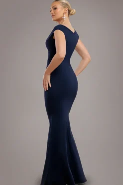 Bardot Pleated Maxi Dress - Navy Blue by Goddiva
