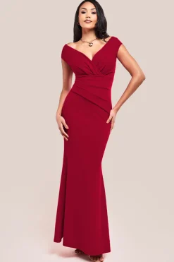 Bardot Pleated Maxi Dress - Wine by Goddiva