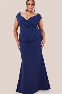 Bardot Pleated Maxi Dress - Navy by Goddiva Plus