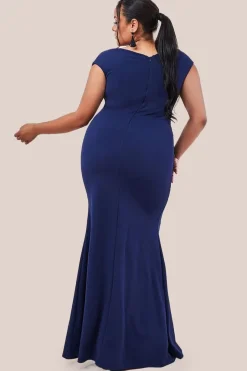 Bardot Pleated Maxi Dress - Navy by Goddiva Plus