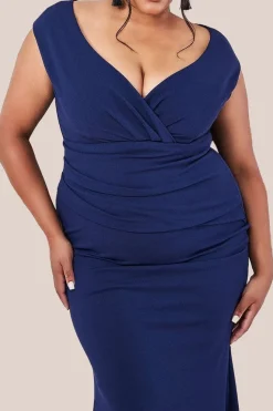 Bardot Pleated Maxi Dress - Navy by Goddiva Plus
