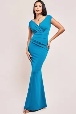 Bardot Pleated Maxi Dress - Teal Blue by Goddiva