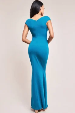 Bardot Pleated Maxi Dress - Teal Blue by Goddiva