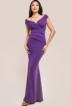 Bardot Pleated Maxi Dress - Purple by Goddiva