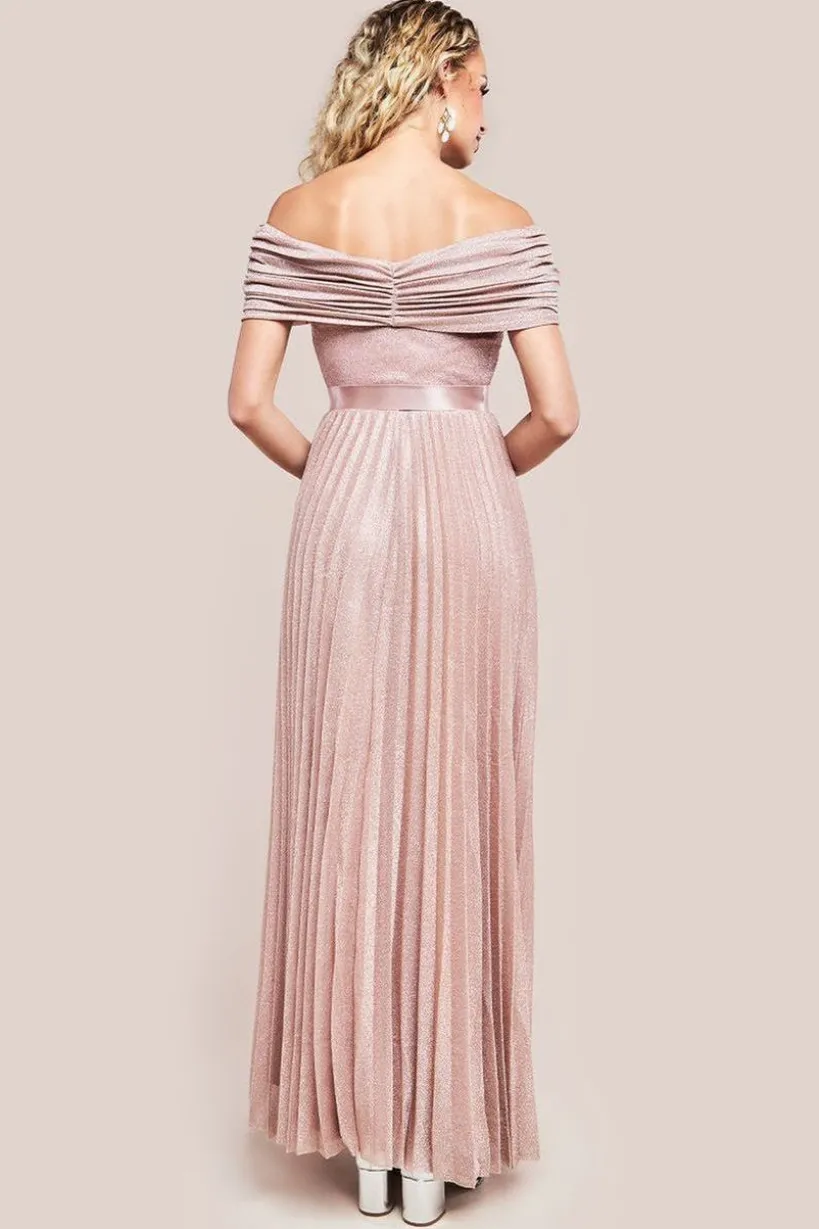 Bardot Pleated Skirt Maxi Dress - Blush by Goddiva