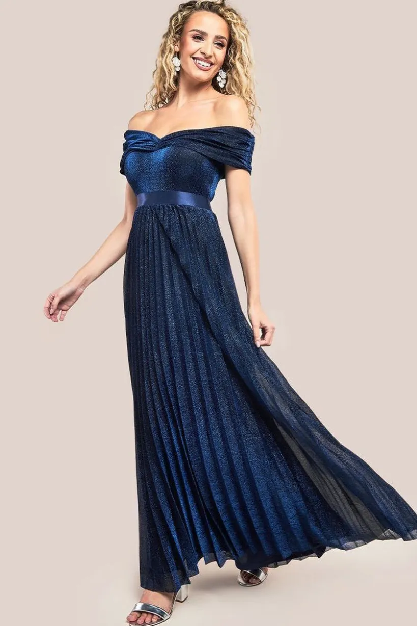 Bardot Pleated Skirt Maxi Dress - Navy by Goddiva