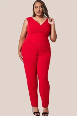 Bardot Scuba Jumpsuit - Red by Goddiva Plus