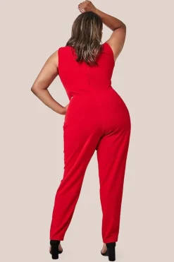 Bardot Scuba Jumpsuit - Red by Goddiva Plus