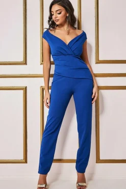 Bardot Scuba Jumpsuit - Royal Blue by Goddiva