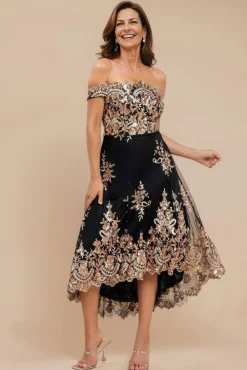 Bardot Sequin & Lace High Low Midi - Champagne by Goddiva