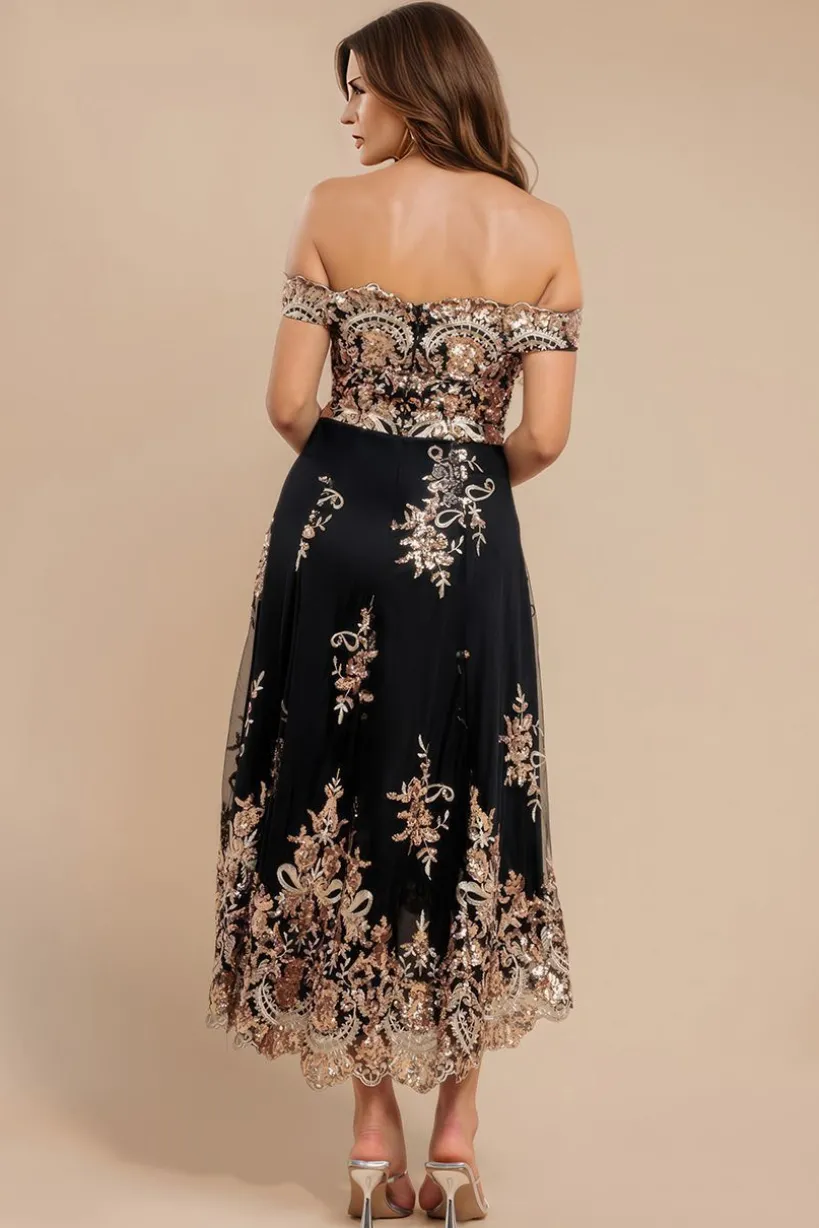 Bardot Sequin & Lace High Low Midi - Champagne by Goddiva