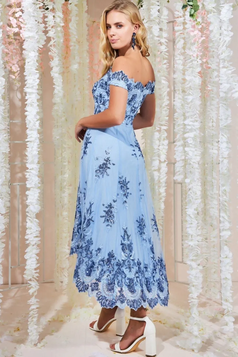 Bardot Sequin & Lace High Low Midi - Powderblue by Goddiva