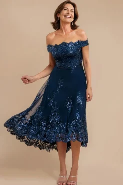 Bardot Sequin & Lace High Low Midi - Navy Blue by Goddiva
