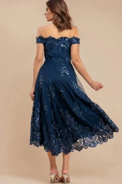 Bardot Sequin & Lace High Low Midi - Navy Blue by Goddiva