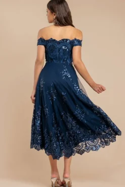 Bardot Sequin & Lace High Low Midi - Navy by Goddiva