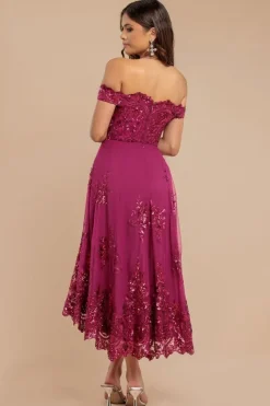 Bardot Sequin & Lace High Low Midi - Magenta by Goddiva