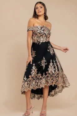 Bardot Sequin & Lace High Low Midi - Champagne by Goddiva