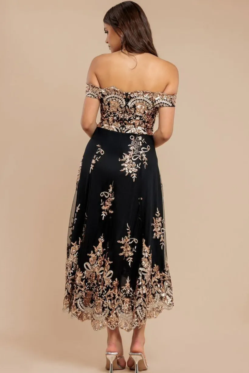 Bardot Sequin & Lace High Low Midi - Champagne by Goddiva