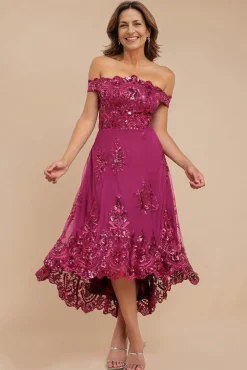 Bardot Sequin & Lace High Low Midi - Magenta by Goddiva