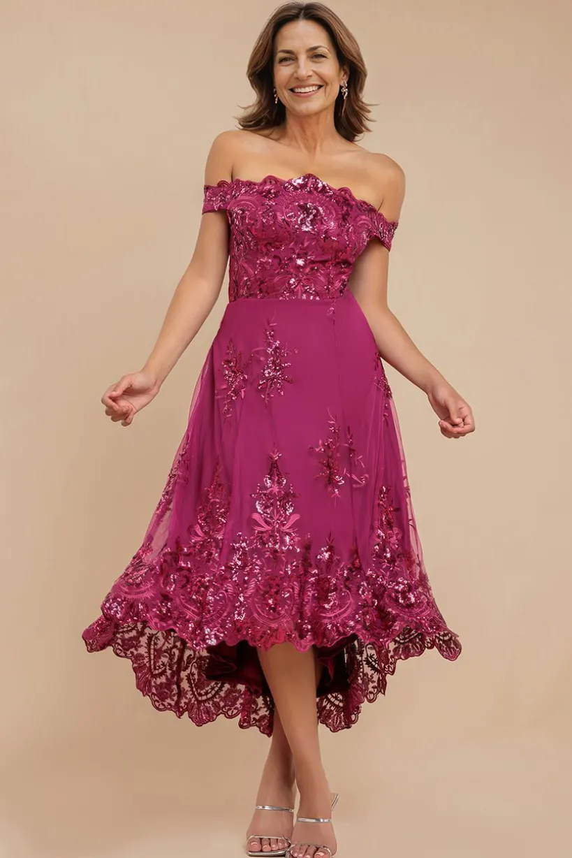 Bardot Sequin & Lace High Low Midi - Magenta by Goddiva