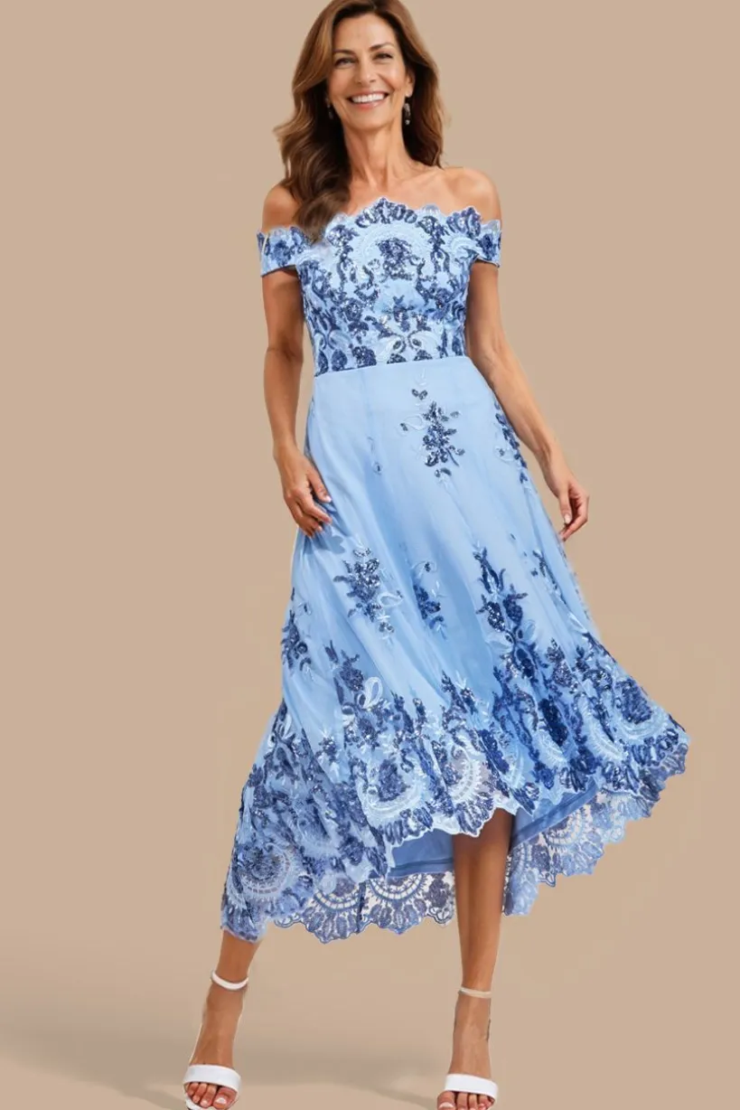Bardot Sequin & Lace High Low Midi - Blue by Goddiva