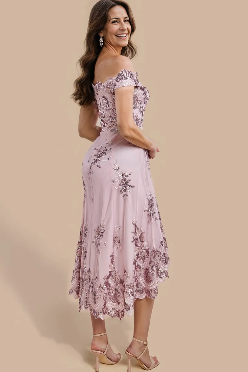 Bardot Sequin & Lace High Low Midi - Blush Pink by Goddiva