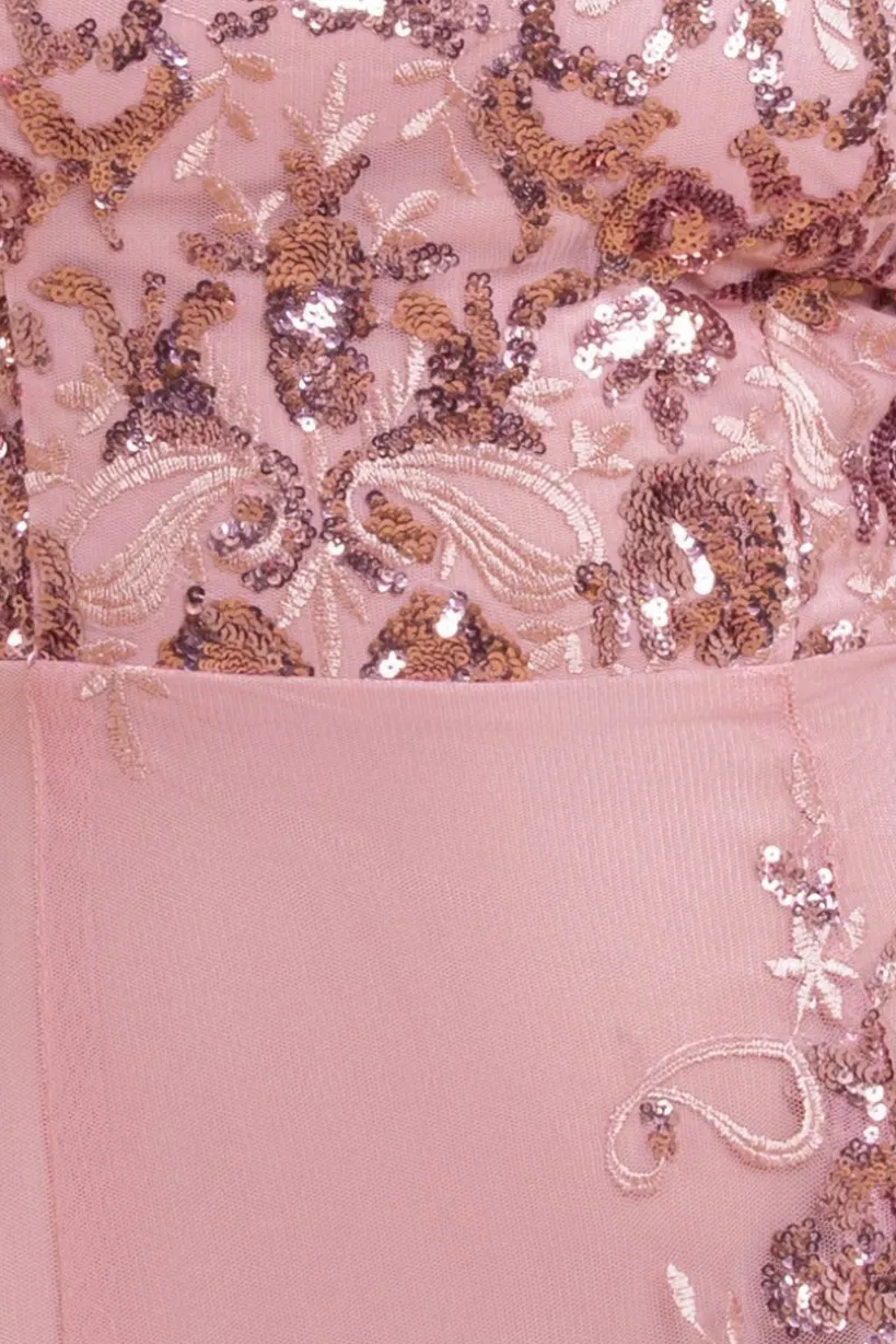 Bardot Sequin & Lace High Low Midi - Blush Pink by Goddiva