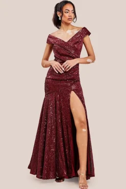Bardot Sequin Pleated Maxi Dress - Wine by Goddiva