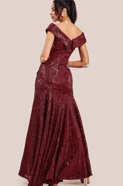 Bardot Sequin Pleated Maxi Dress - Wine by Goddiva