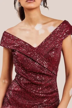 Bardot Sequin Pleated Maxi Dress - Wine by Goddiva