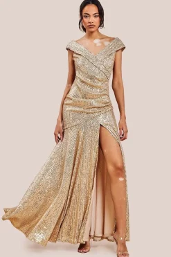 Bardot Sequin Pleated Maxi Dress - Gold by Goddiva