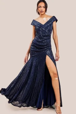 Bardot Sequin Pleated Maxi Dress - Navy by Goddiva