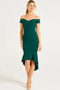 Bardot Sweetheart Bodycon Dress With Asymmetrical Frill Hem by Angeleye