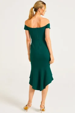 Bardot Sweetheart Bodycon Dress With Asymmetrical Frill Hem by Angeleye