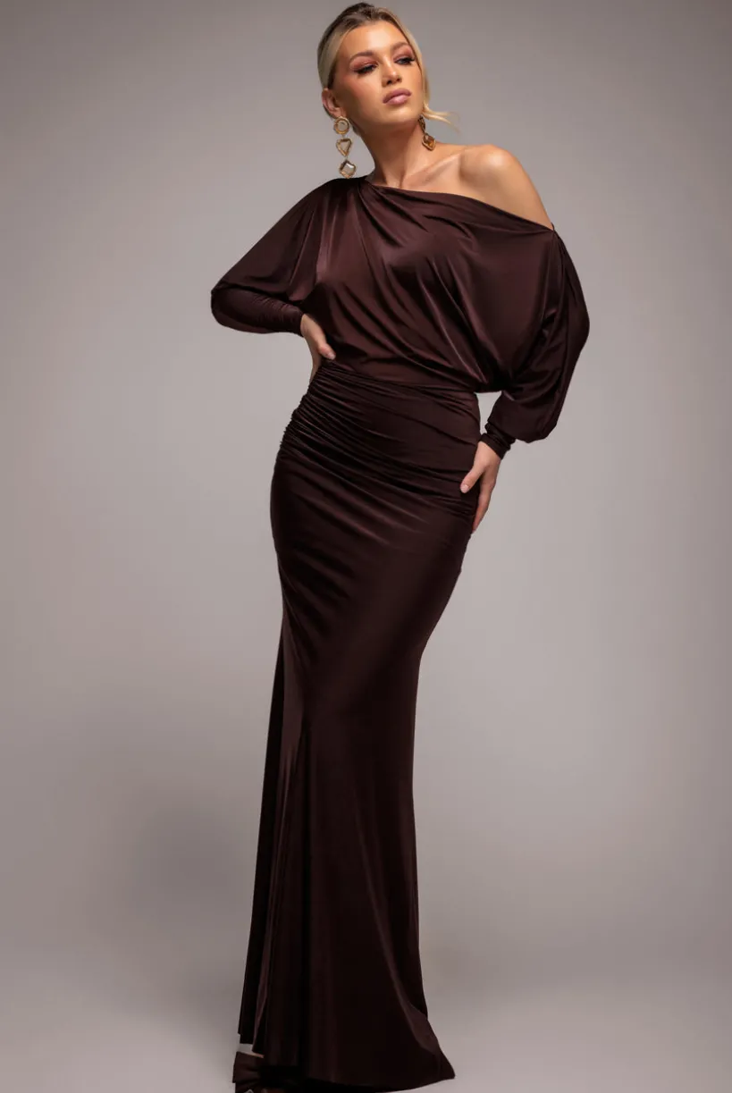 Bat Wing Elasticated Side Gather Maxi Dress - Brown by Goddiva