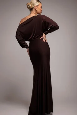 Bat Wing Elasticated Side Gather Maxi Dress - Brown by Goddiva