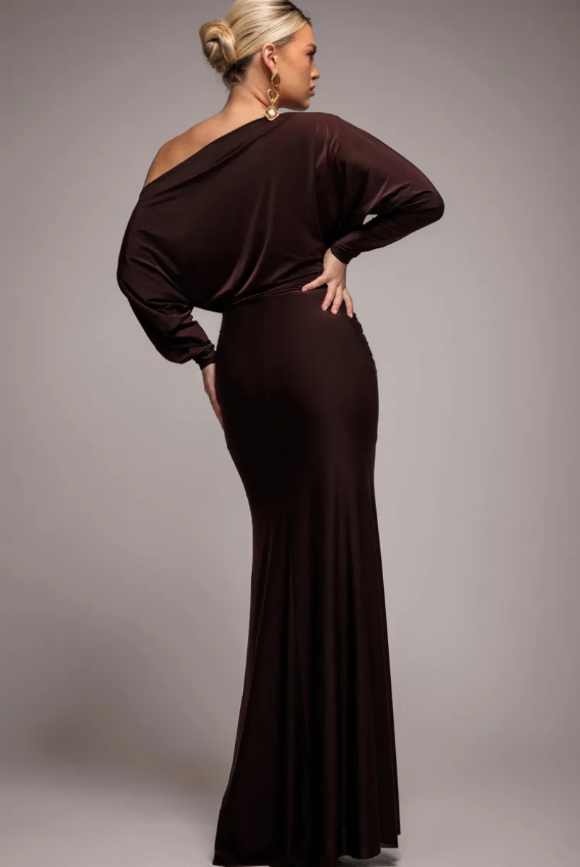 Bat Wing Elasticated Side Gather Maxi Dress - Brown by Goddiva
