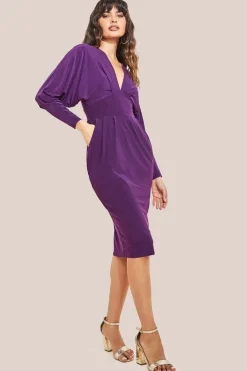 Batwing Sleeve Midi Dress - Purple by Goddiva