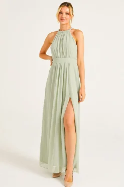 Beaded Halterneck Maxi Dress In Sage Green by Angeleye