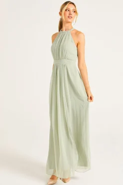 Beaded Halterneck Maxi Dress In Sage Green by Angeleye