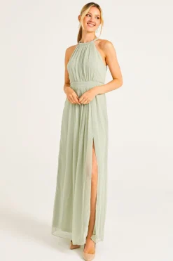 Beaded Halterneck Maxi Dress In Sage Green by Angeleye