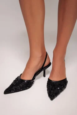 Beaded Sequin Low Heel Slingback Shoes - Black by Goddiva