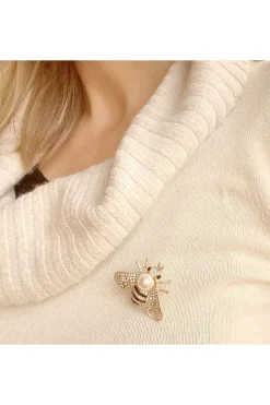 Bee Brooch Gold Pearl Pin Crystal by QueenMee Accessories
