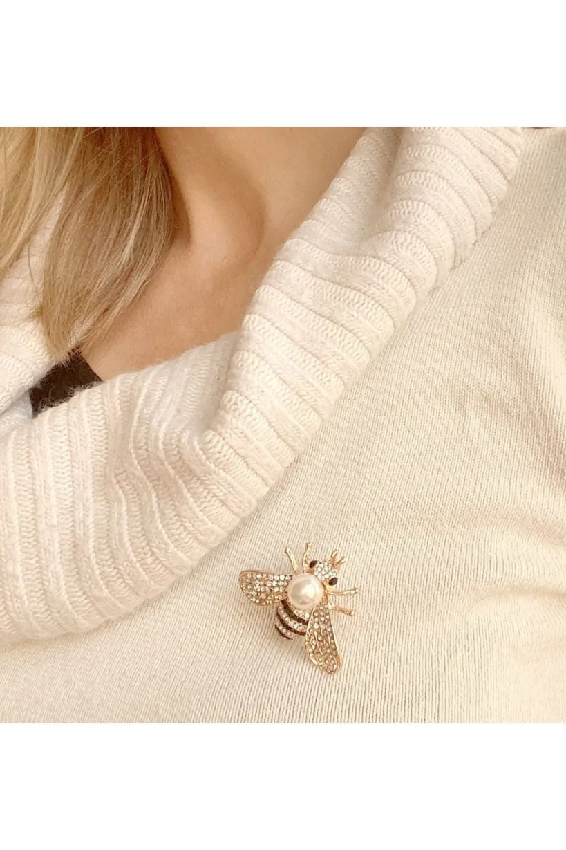 Bee Brooch Gold Pearl Pin Crystal by QueenMee Accessories