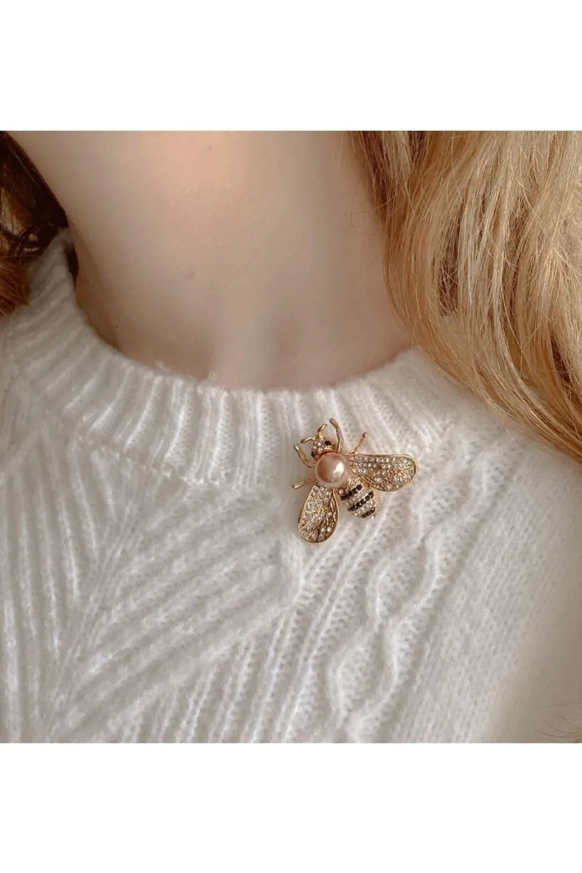 Bee Brooch Gold Pearl Pin Crystal by QueenMee Accessories
