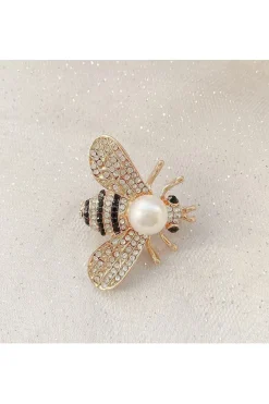 Bee Brooch Gold Pearl Pin Crystal by QueenMee Accessories