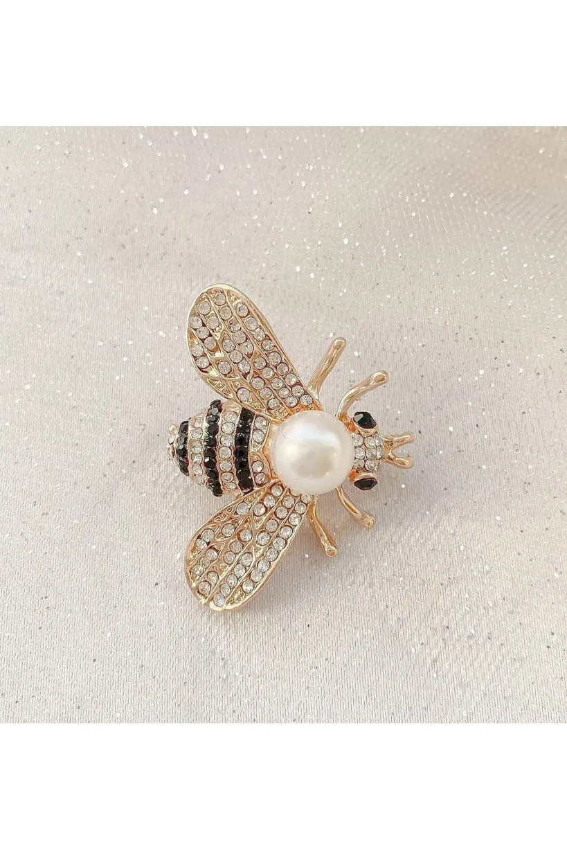 Bee Brooch Gold Pearl Pin Crystal by QueenMee Accessories