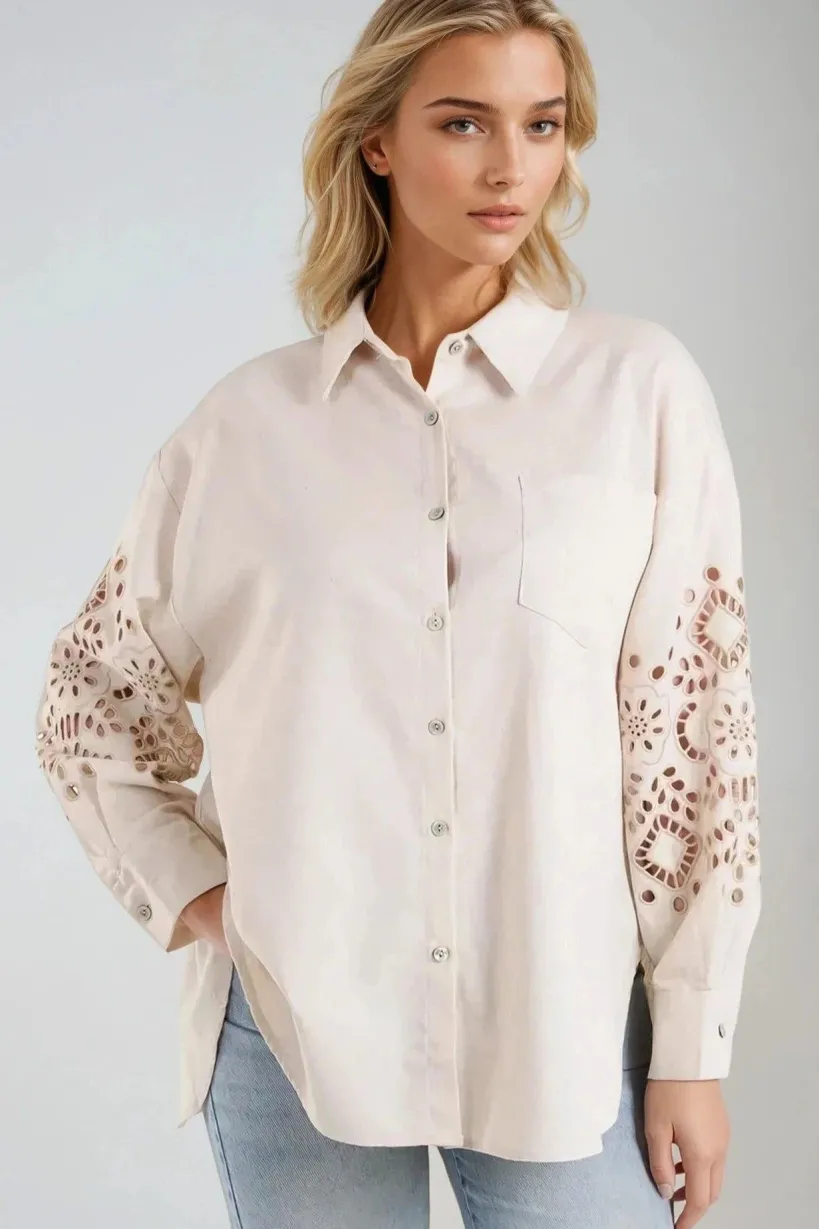 Beige Embroidered Sleeve Linen Blend Shirt by Aftershock London