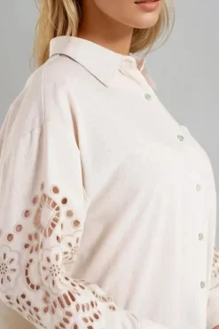 Beige Embroidered Sleeve Linen Blend Shirt by Aftershock London
